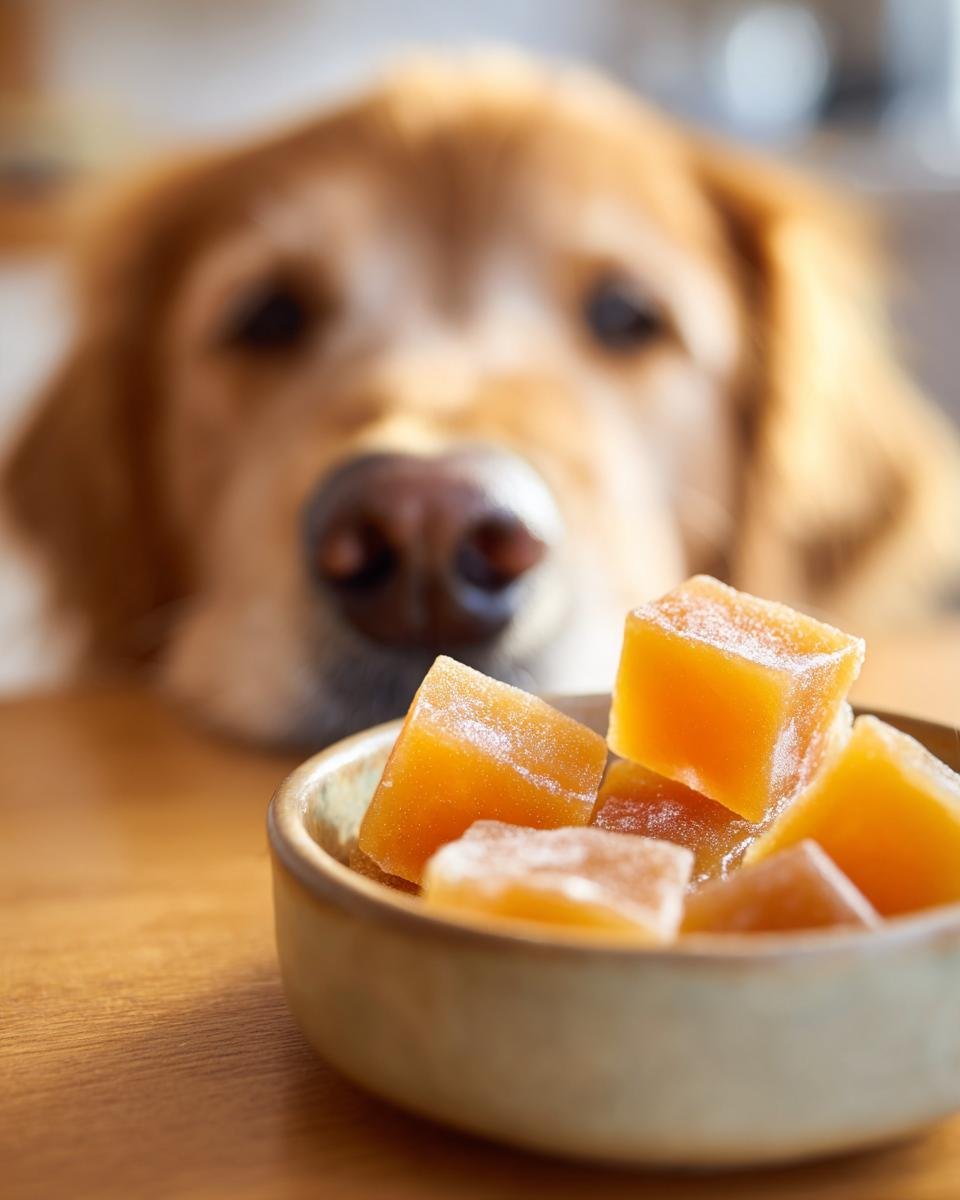 A bowl of orange Raw-Friendly Bone Broth Gummy Treats with a curious Golden Retriever looking on in the background.