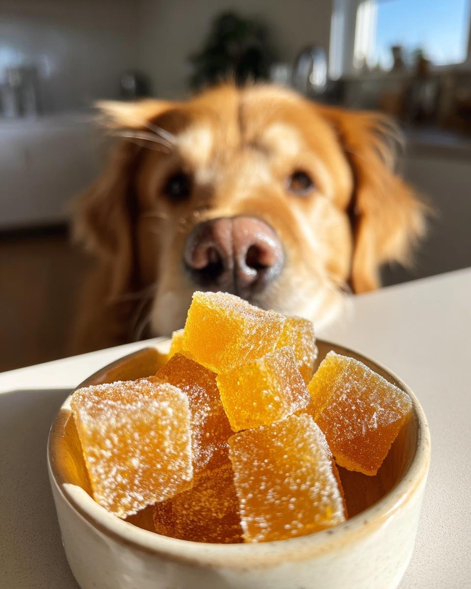 A bowl of golden Raw-Friendly Bone Broth Gummy Treats with a curious Golden Retriever looking on.