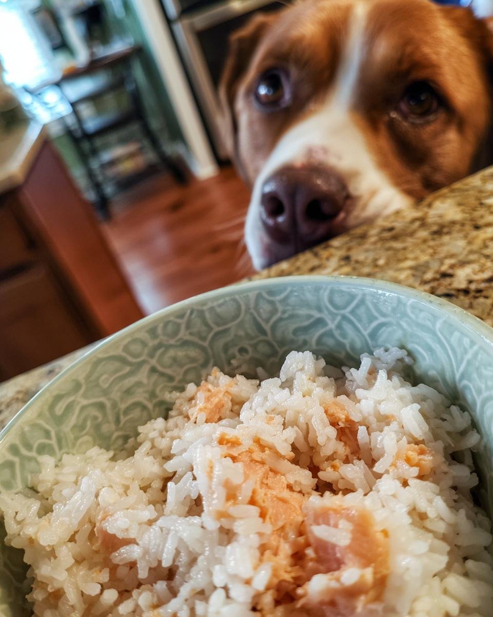 A dog looking curiously at a bowl of salmon and brown rice, a gentle meal for soft digestion.