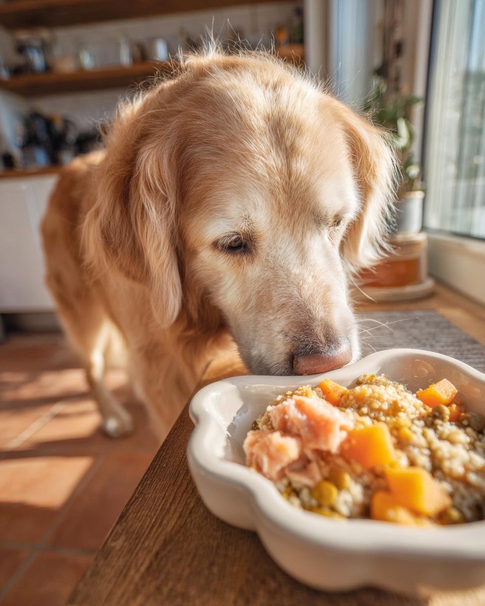 A golden retriever dog curiously sniffing a bowl of salmon and pumpkin dog food, prepared for joint and coat care.
