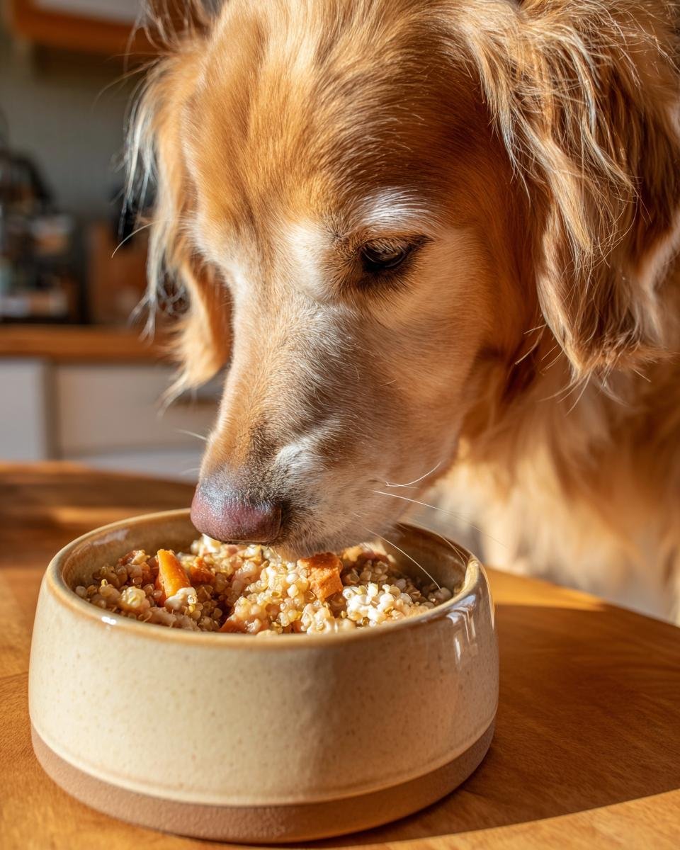 A golden retriever dog eating a bowl of salmon and pumpkin meal, perfect for joint and coat care.