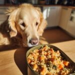 A golden retriever looking intently at a bowl of Salmon and Pumpkin Omega Meal for Joint and Coat Care.