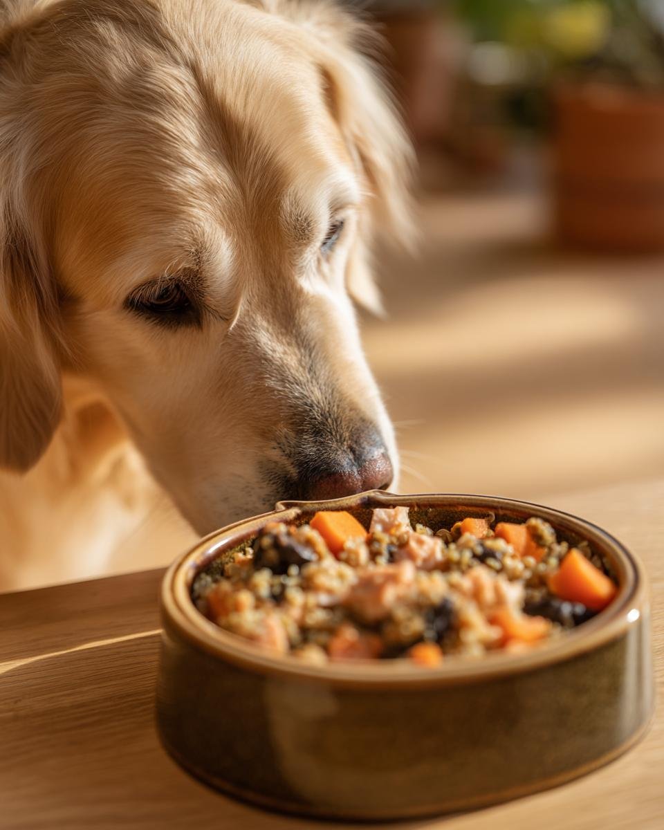 Golden Retriever dog looking down at a bowl of Salmon and Pumpkin Omega Meal for Joint and Coat Care.