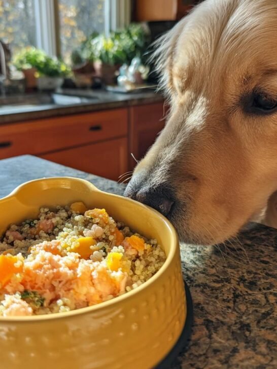Golden Retriever dog sniffing a yellow bowl filled with salmon and pumpkin dog food.