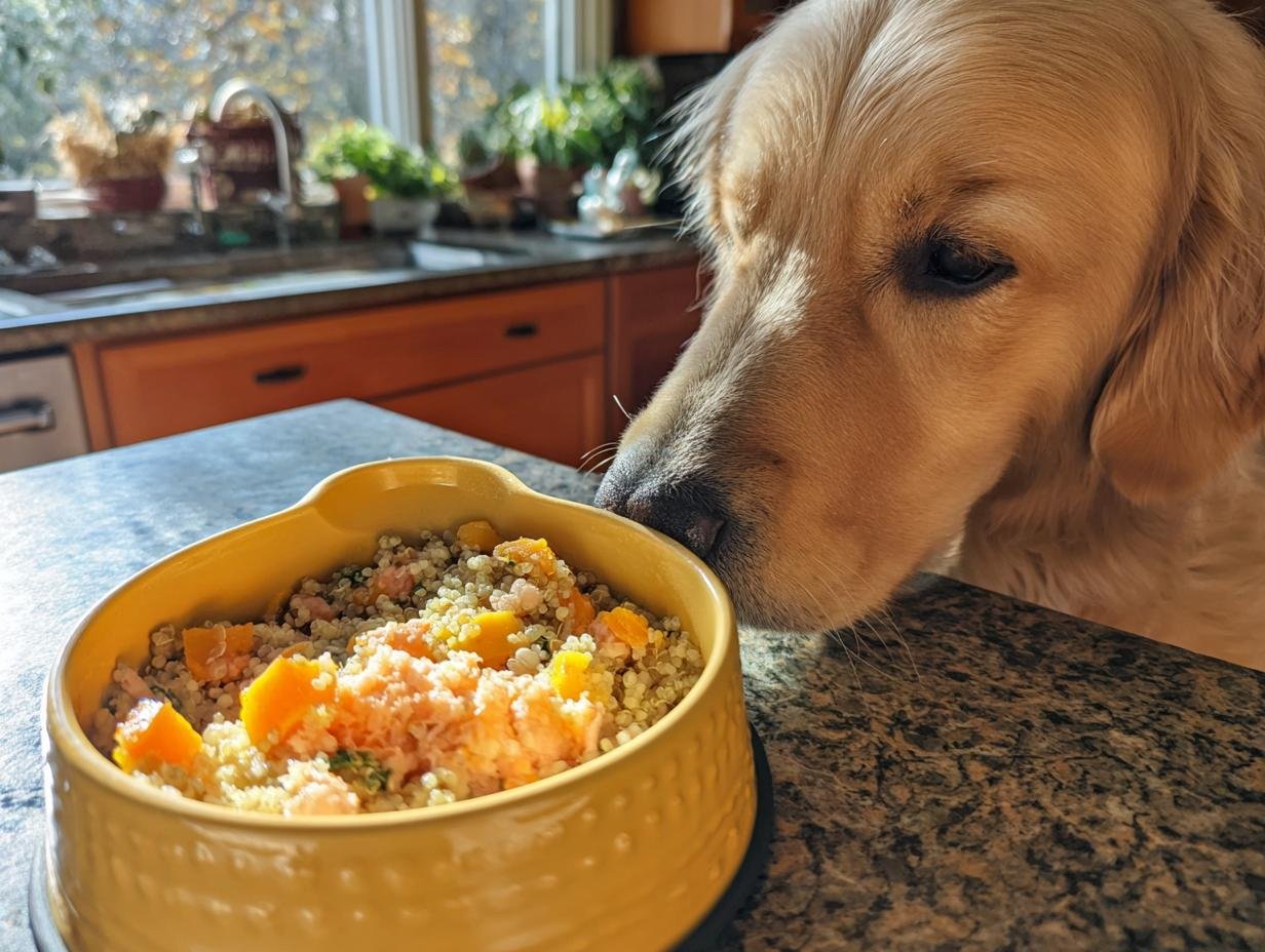 Golden Retriever dog sniffing a yellow bowl filled with salmon and pumpkin dog food.