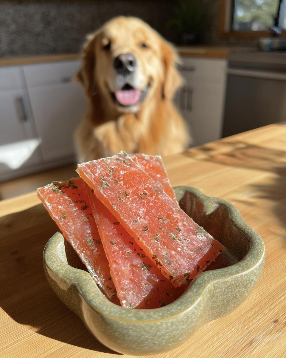 A golden retriever dog looking at a bowl of Salmon Spinach Omega Jerky.