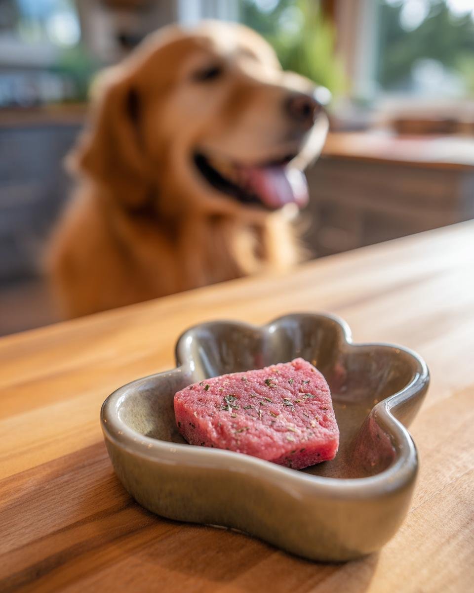 A piece of raw Salmon Spinach Omega Jerky in a paw-shaped dish, with a golden retriever dog in the background.