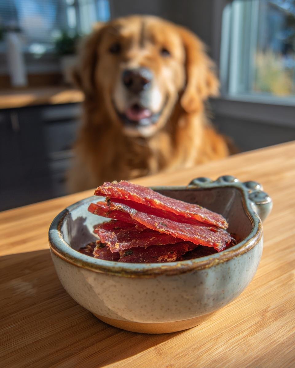 A bowl of Salmon Spinach Omega Jerky with a happy Golden Retriever in the background.