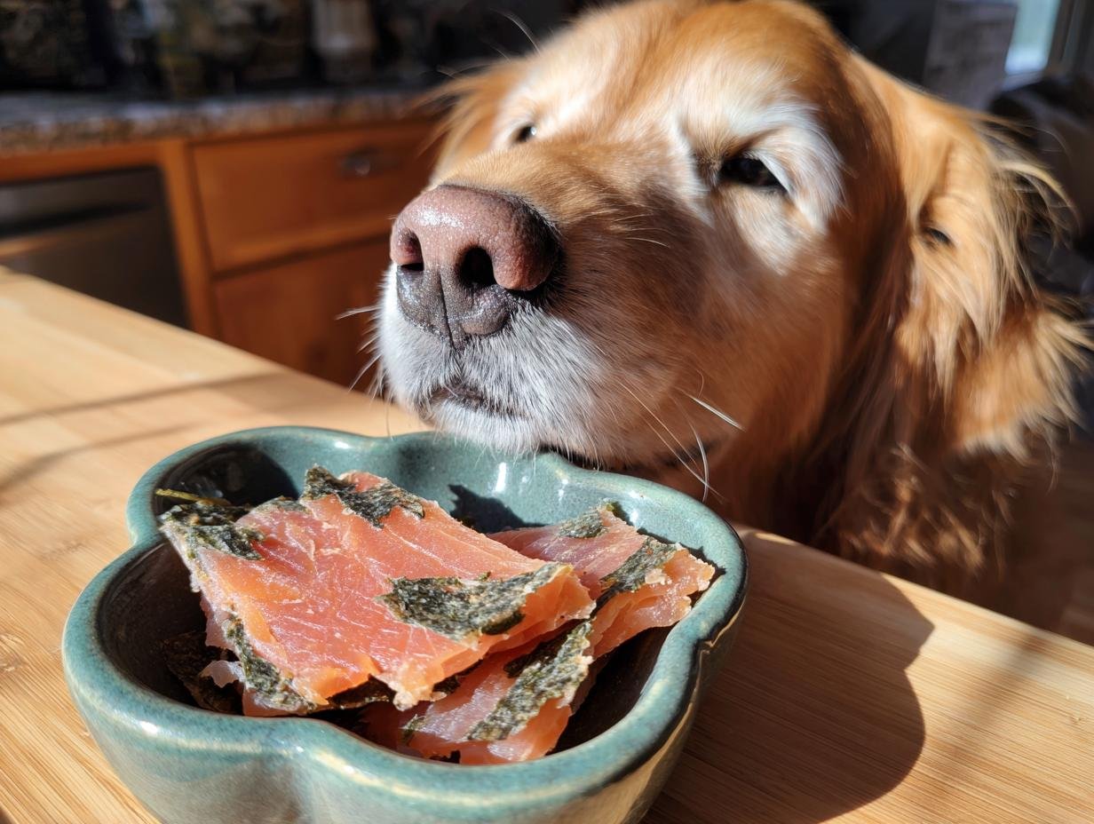 A golden retriever dog eagerly sniffing a bowl of homemade Salmon Spinach Omega Jerky.