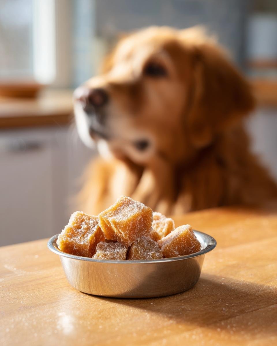 A small metal bowl filled with Senior Dog Bone Broth Soft Gummies, with a golden retriever waiting in the background.