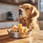 A bowl of golden Senior Dog Bone Broth Soft Gummies sits on a wooden table while a Golden Retriever looks on eagerly.