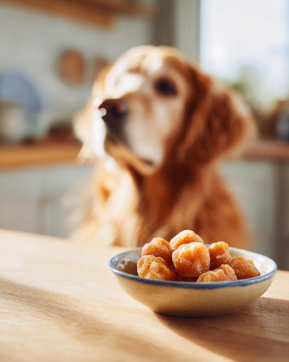 A small bowl of Senior Dog Bone Broth Soft Gummies sits on a wooden table, with a senior Golden Retriever blurred in the background.