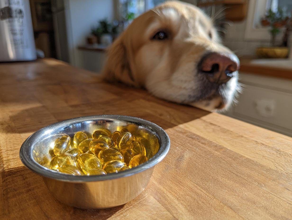 A golden retriever dog looks longingly at a bowl of golden Senior Dog Bone Broth Soft Gummies on a wooden counter.