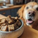 A senior Golden Retriever looks eagerly at a bowl of Homemade Beef and Sweet Pea Senior Friendly Kibble.