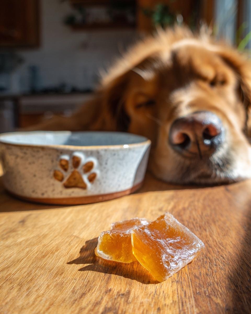 Two amber-colored Skin & Coat Bone Broth Gummies for Dogs sit on a wooden surface near a dog bowl, with a golden retriever in the background.