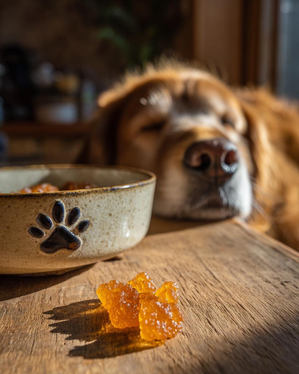 Close-up of amber Skin & Coat Bone Broth Gummies for dogs on wood, with a golden retriever looking on.