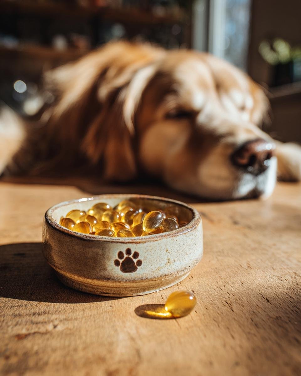 Close-up of amber-colored Skin & Coat Bone Broth Gummies for Dogs in a ceramic bowl with a paw print.