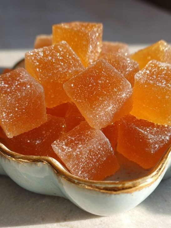 Close-up of homemade Soft Chew Bone Broth Training Gummies for Dogs, coated in fine sugar.