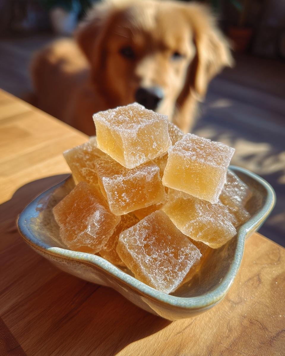 Close-up of homemade Soft Chew Bone Broth Training Gummies for Dogs in a small bowl, with a Golden Retriever looking on.