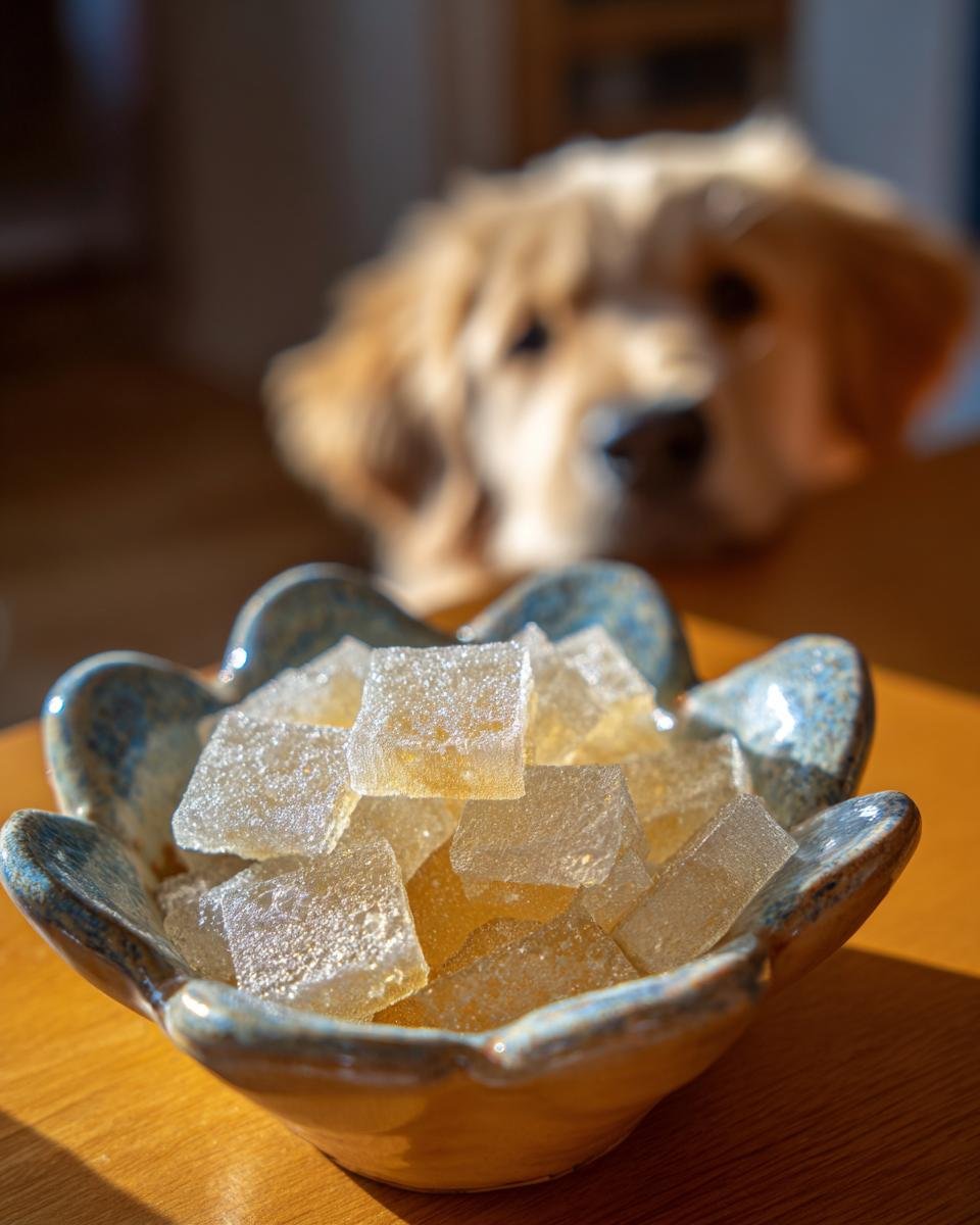 A bowl full of homemade Soft Chew Bone Broth Training Gummies for Dogs, with a curious dog looking on in the background.