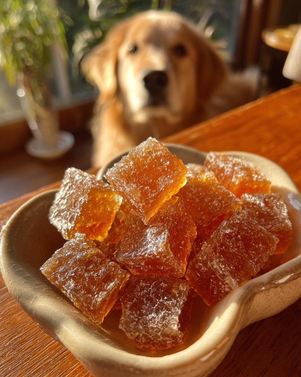 A bowl of amber-colored Soft Chew Bone Broth Training Gummies for Dogs with a curious Golden Retriever in the background.