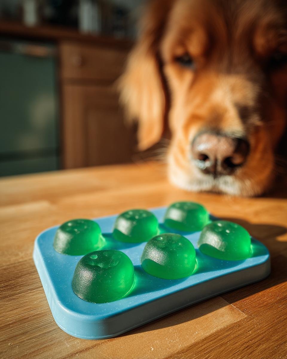 Six green Spinach & Bone Broth Vitamin Gummies for Dogs in a blue mold, with a golden retriever looking on.