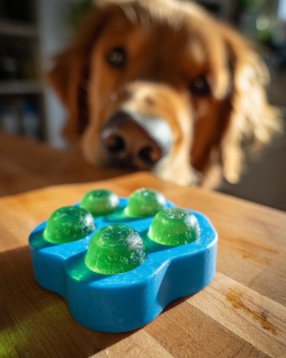 A golden retriever eagerly watches green Spinach & Bone Broth Vitamin Gummies for Dogs setting in a blue silicone mold.