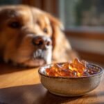 A bowl of star-shaped Allergy-Friendly Bone Broth Gummies for Dogs sits on a wooden table, with a Golden Retriever looking intently in the background.