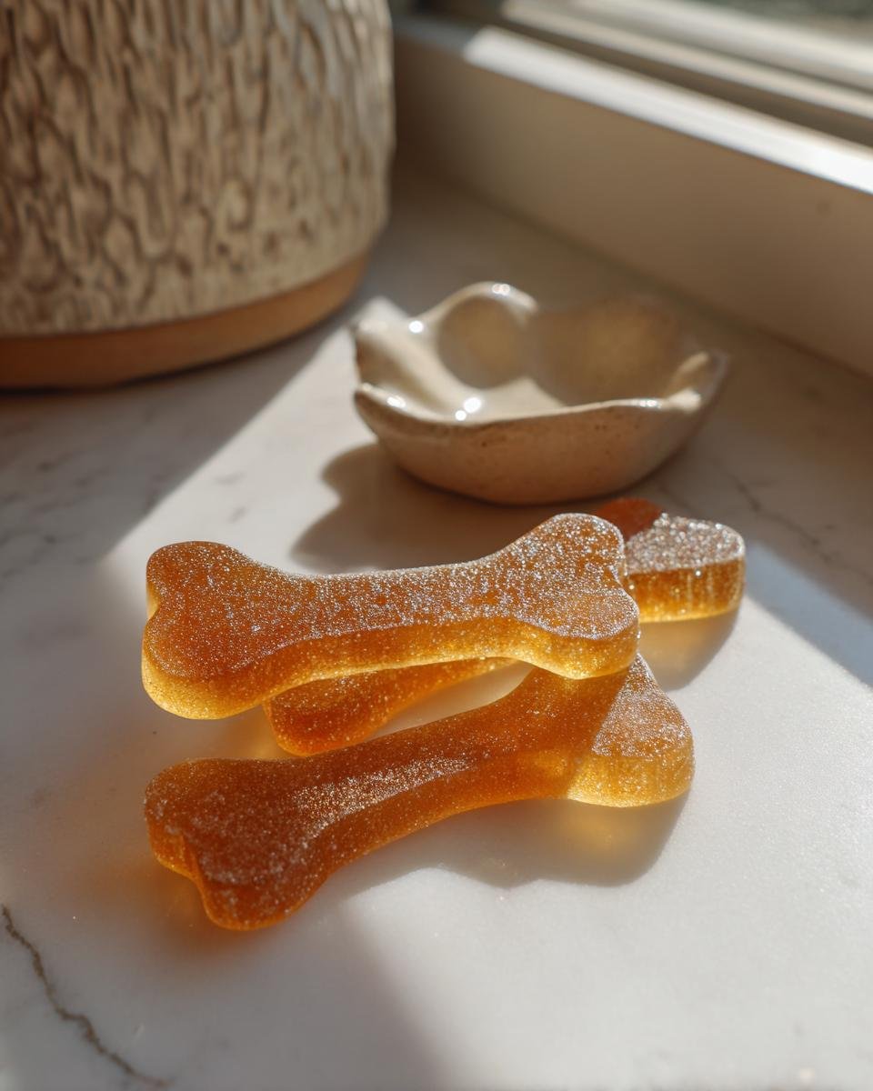 Close-up of amber, sugar-coated, bone-shaped Stress Relief Bone Broth Gummies for Dogs on a white surface.