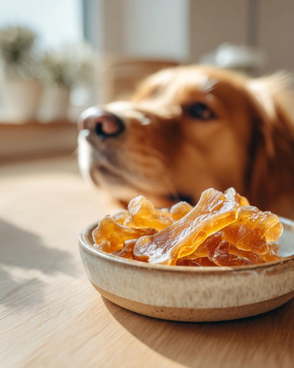 A bowl of amber-colored Superfood Bone Broth Gummy Bones for Dogs with a golden retriever looking on.