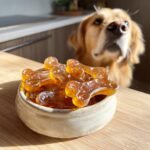 A bowl of amber-colored, bone-shaped Superfood Bone Broth Gummy Bones for Dogs with a curious Golden Retriever in the background.
