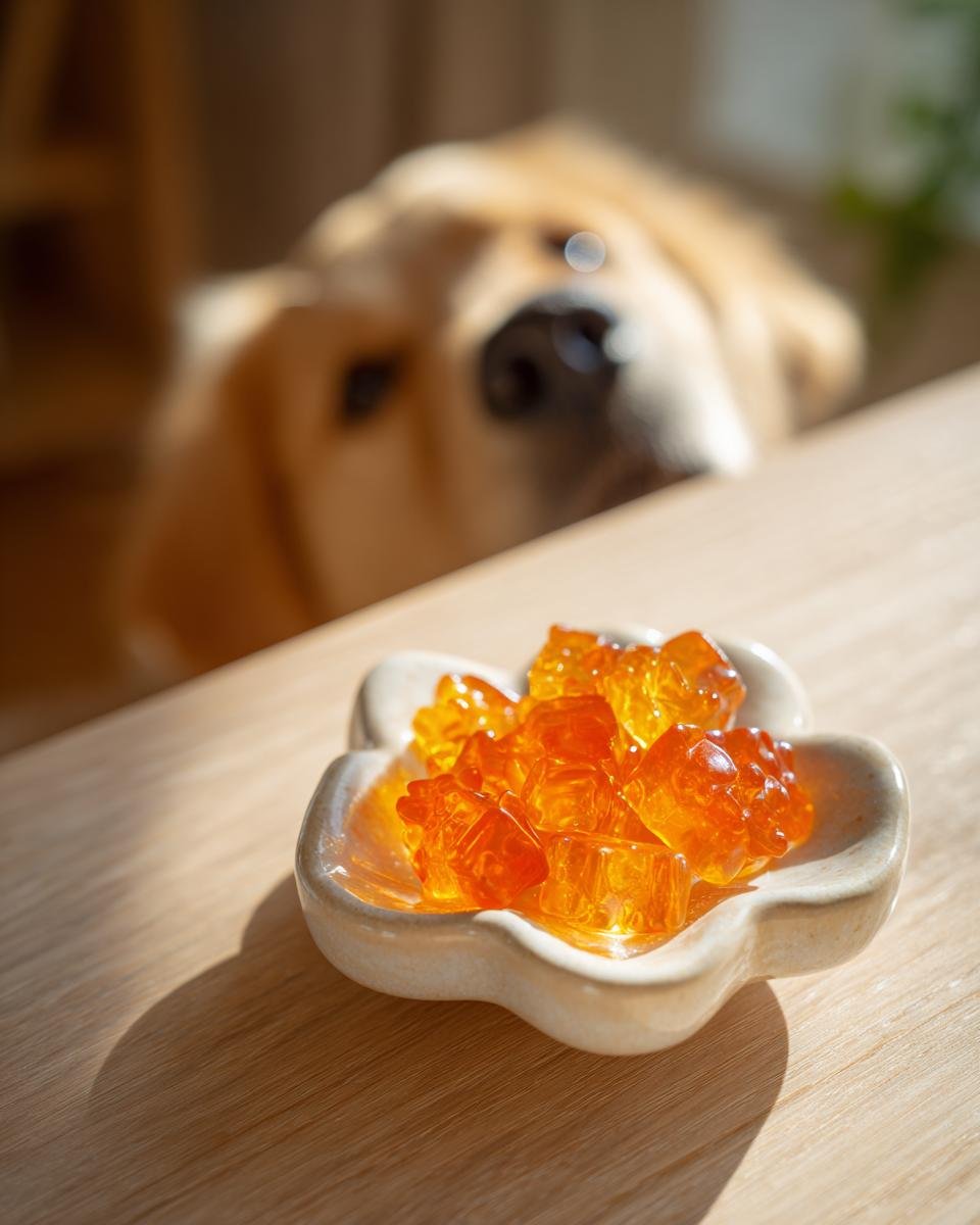 Orange Sweet Potato Bone Broth Soft Gummies for Dogs in a small dish with a curious Golden Retriever in the background.