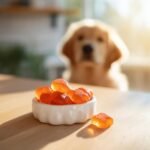 A small white bowl filled with orange Sweet Potato Bone Broth Soft Gummies for Dogs, with a golden retriever looking on in the background.