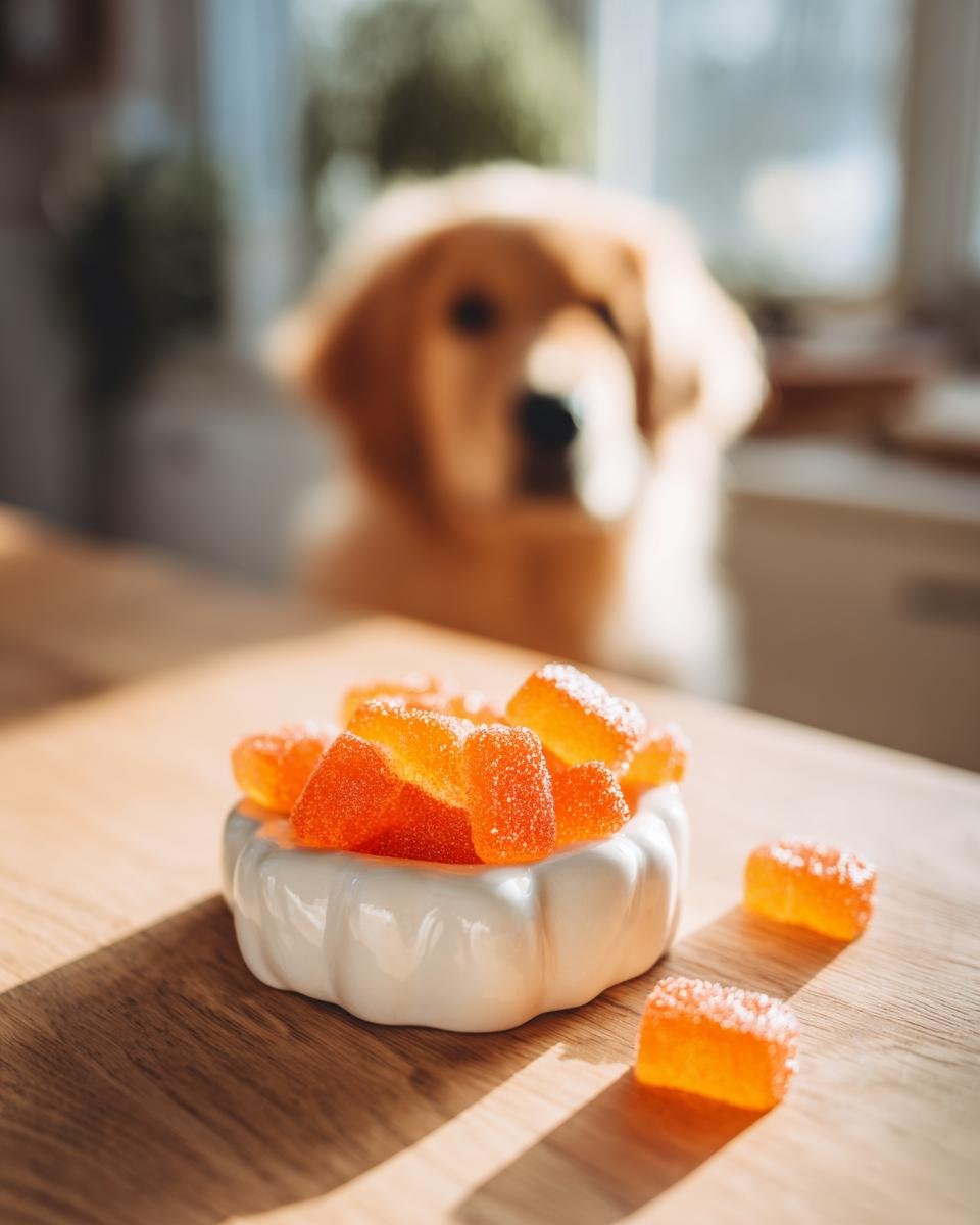 Orange Sweet Potato Bone Broth Soft Gummies in a white bowl with a dog waiting in the background.