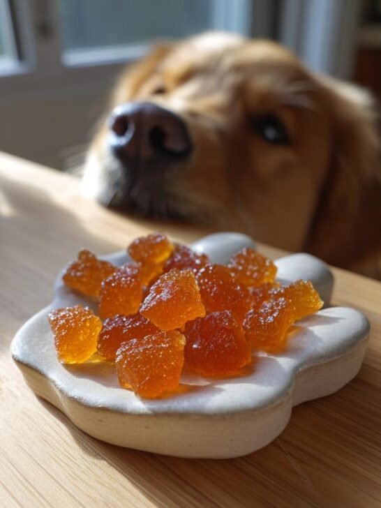 Orange Sweet Potato Bone Broth Soft Gummies for Dogs served on a paw-shaped dish with a curious Golden Retriever in the background.