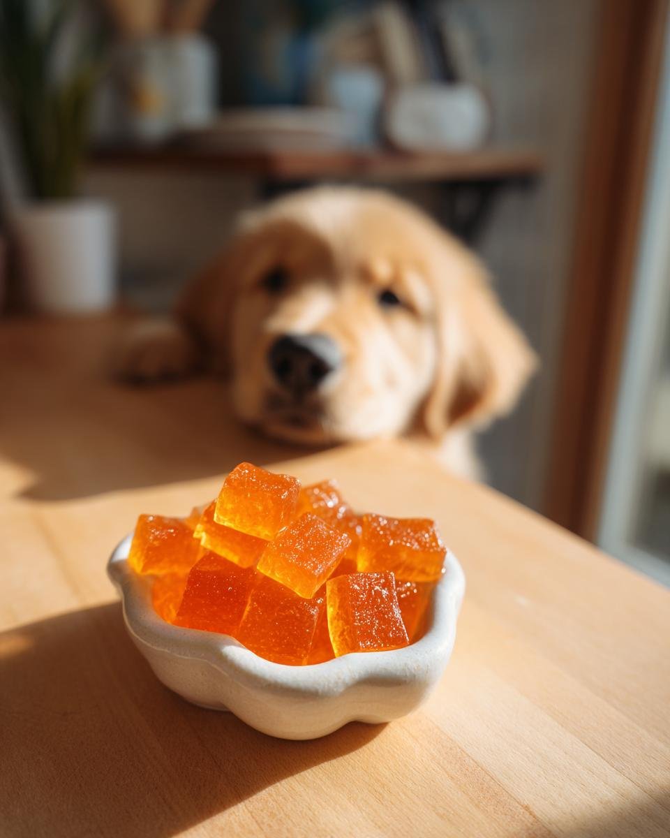 A bowl of orange Sweet Potato Bone Broth Soft Gummies for Dogs with a puppy looking on in the background.