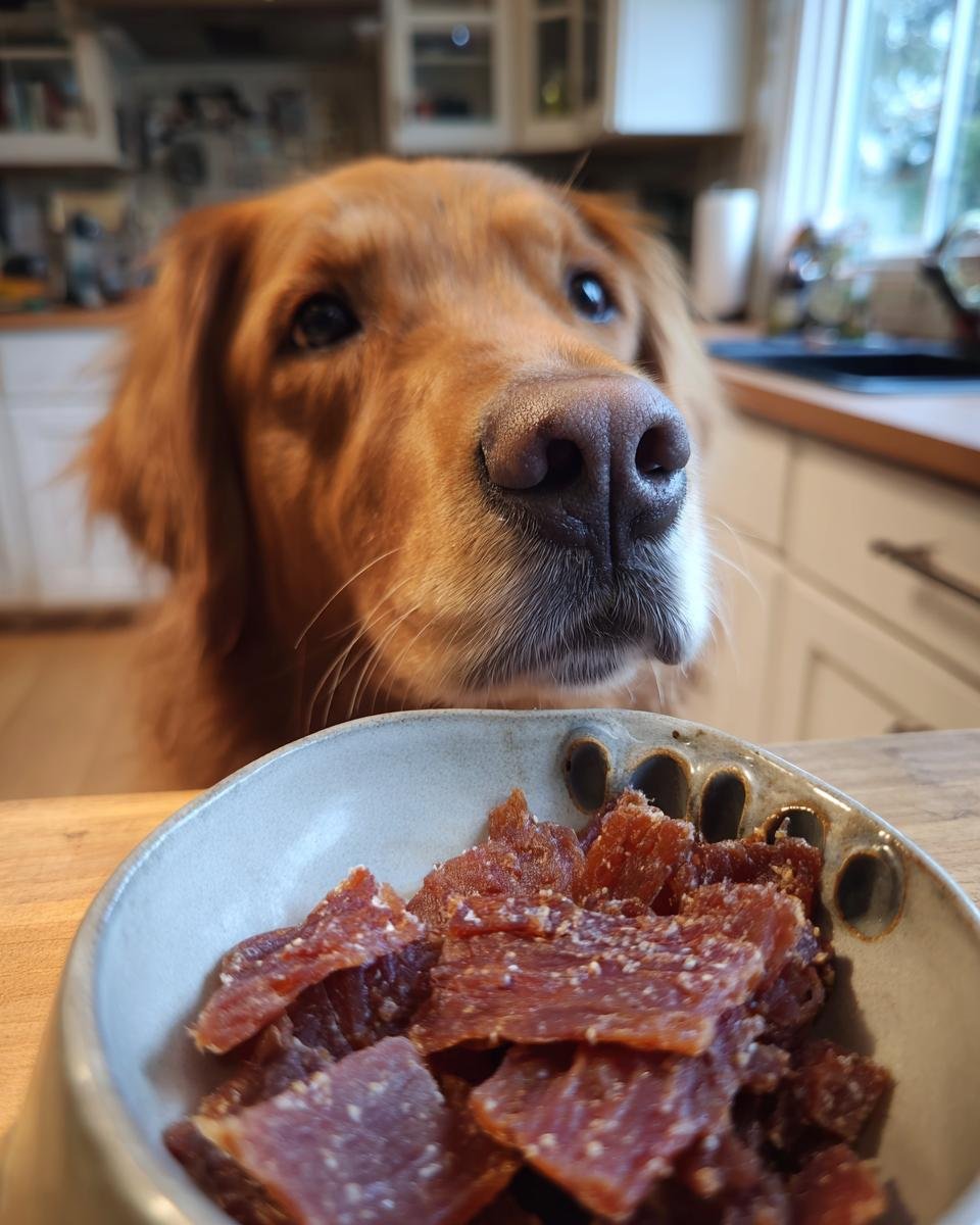A golden retriever looks intently at a bowl of Turkey and Rice Gentle Jerky.