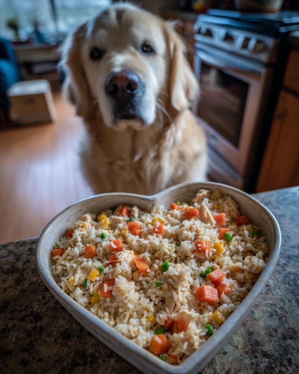A Golden Retriever looks expectantly at a heart-shaped bowl filled with a Turkey and Rice Recovery Meal for Post Activity Care.