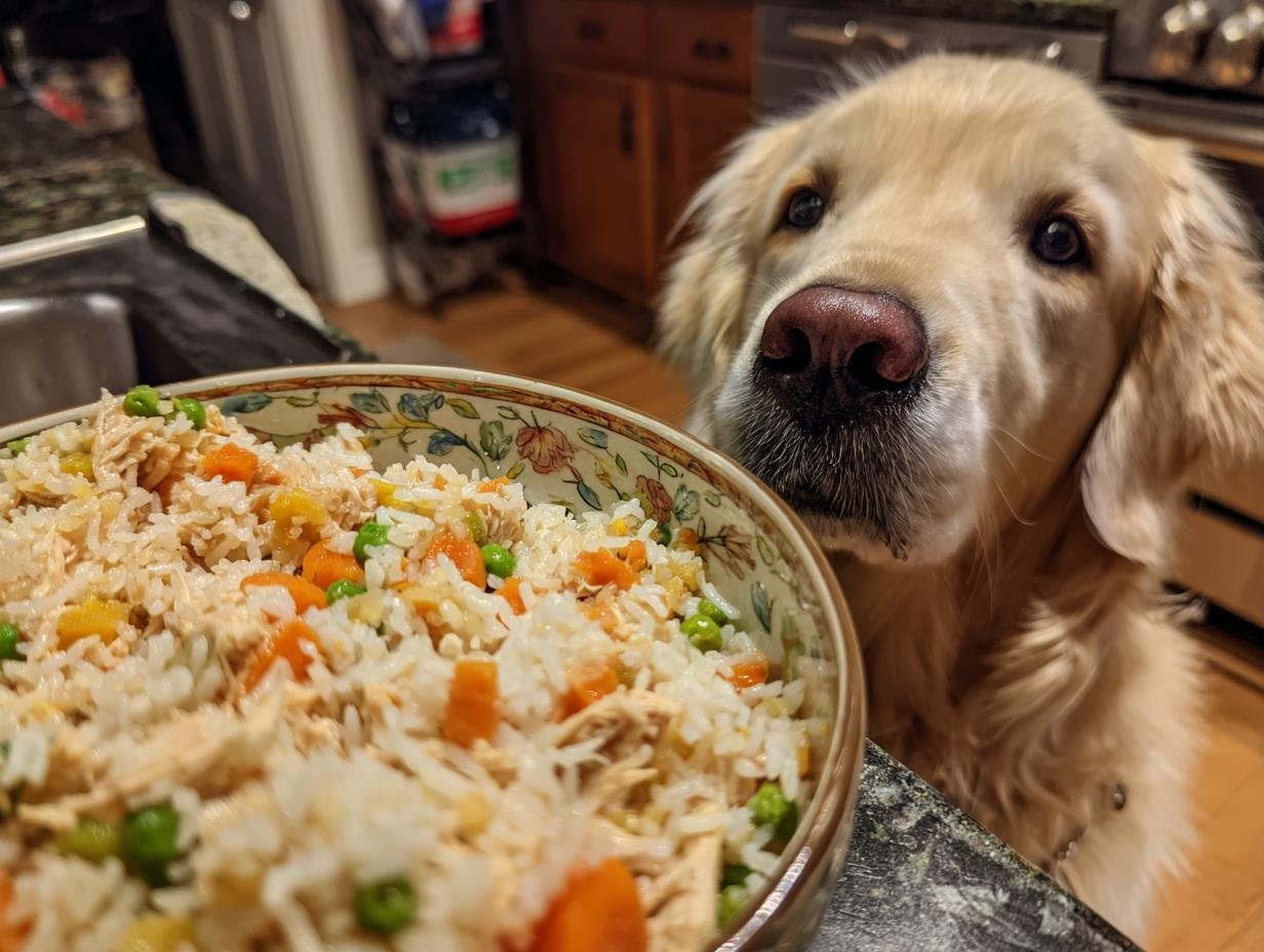 A golden retriever looks intently at a bowl of turkey and rice recovery meal with peas and carrots.