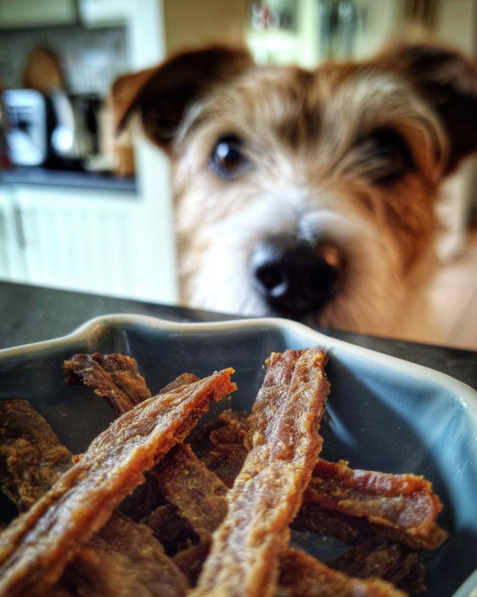 A dog eagerly looking at a bowl of Turkey Apple Slim Jerky.