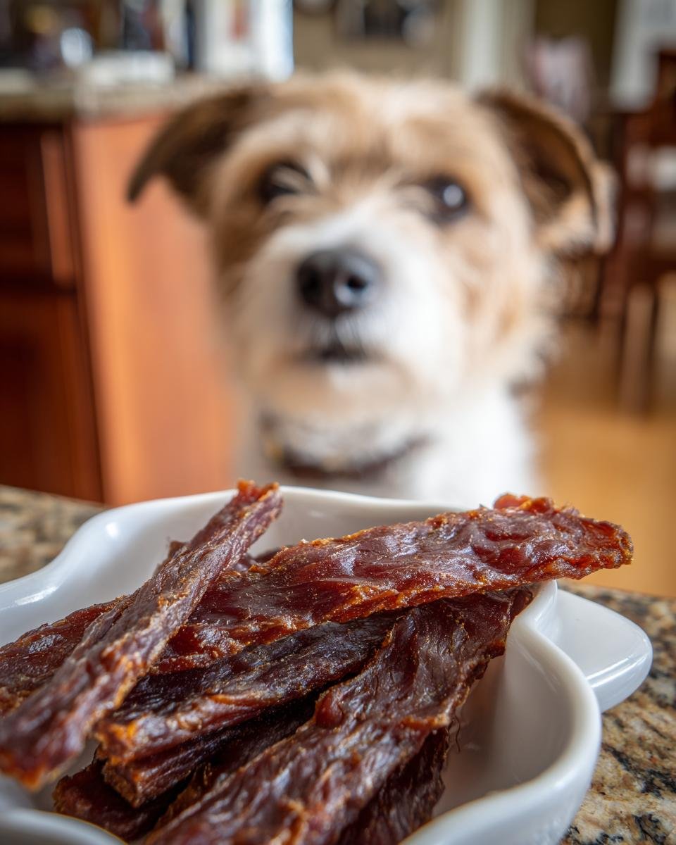 A bowl of Turkey Apple Slim Jerky with a cute dog looking intently in the background.