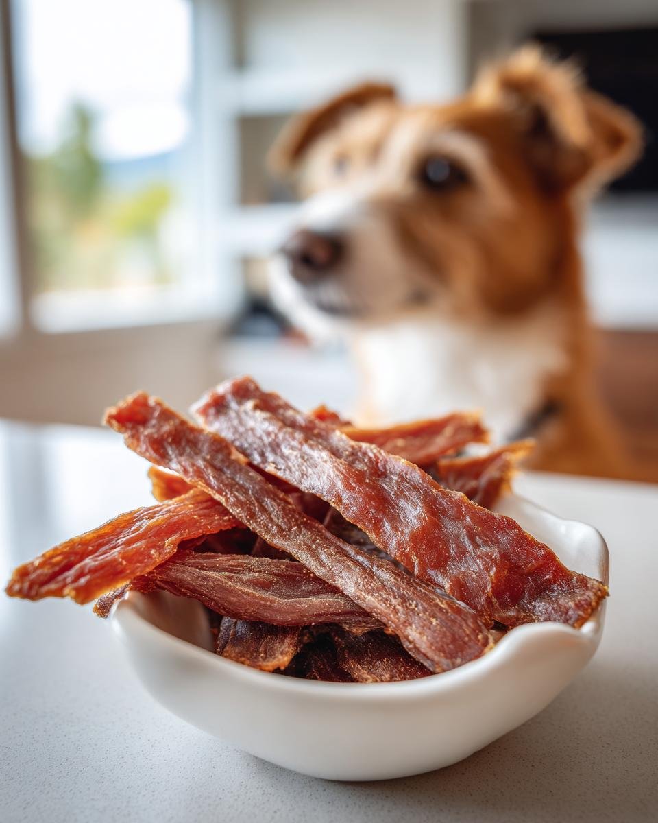 A bowl of Turkey Apple Slim Jerky with a dog in the background looking at the treats.