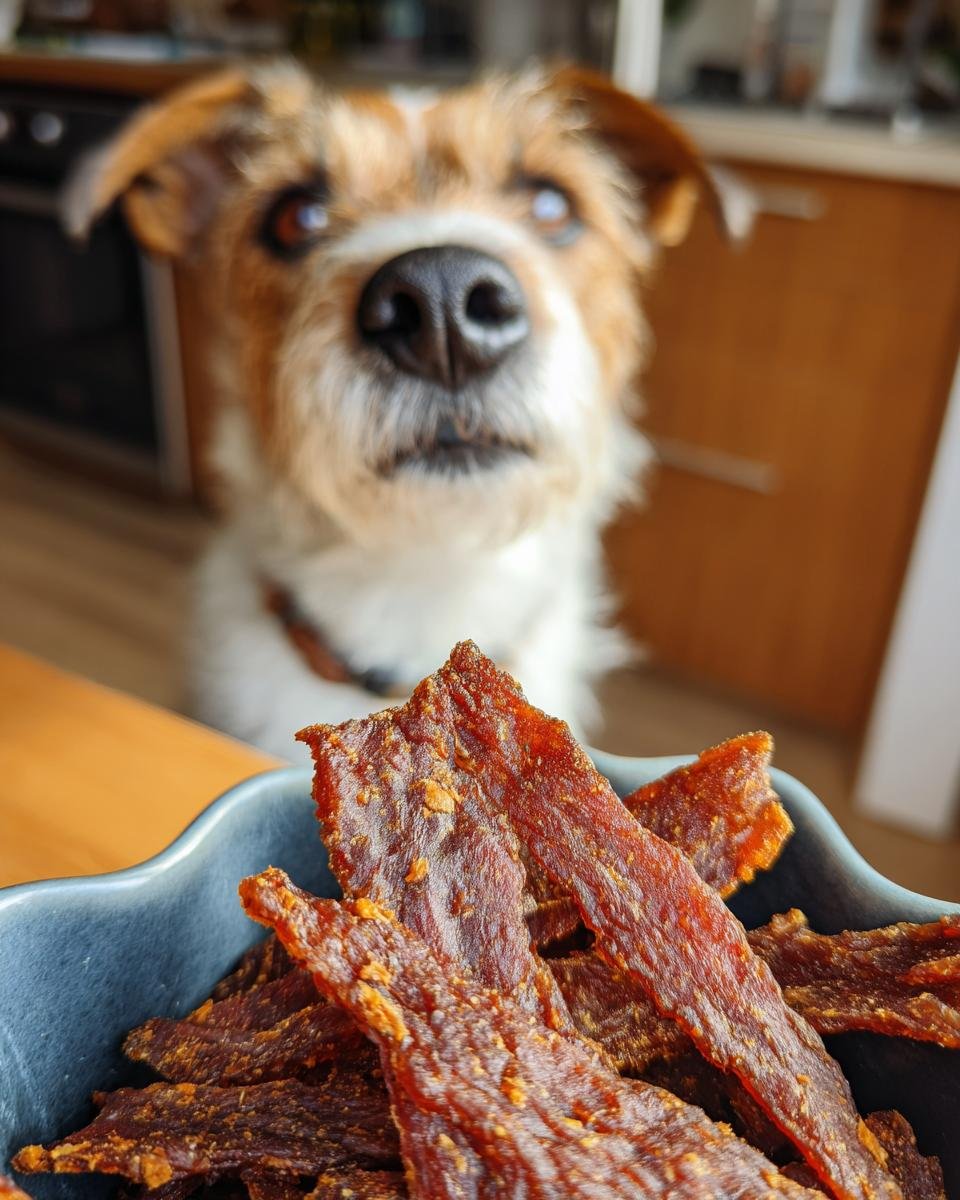 A bowl of Turkey Apple Slim Jerky with a curious dog in the background.