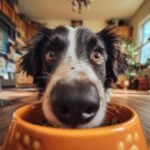 Close-up of a dog's face looking eagerly into a bowl of food, anticipating Turkey Banana Soft Jerky.
