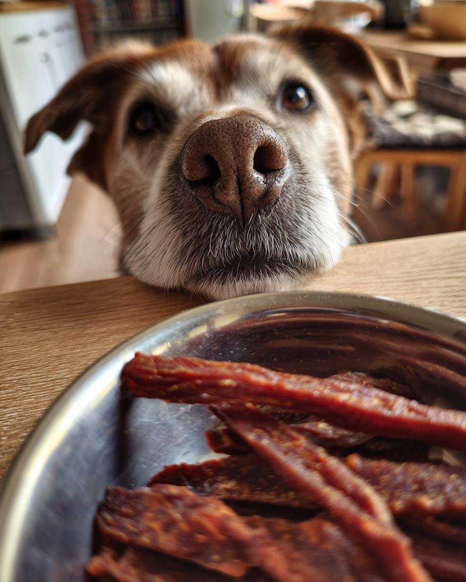 A dog's nose is close to a bowl of Turkey Banana Soft Jerky, showing its eagerness for the treat.
