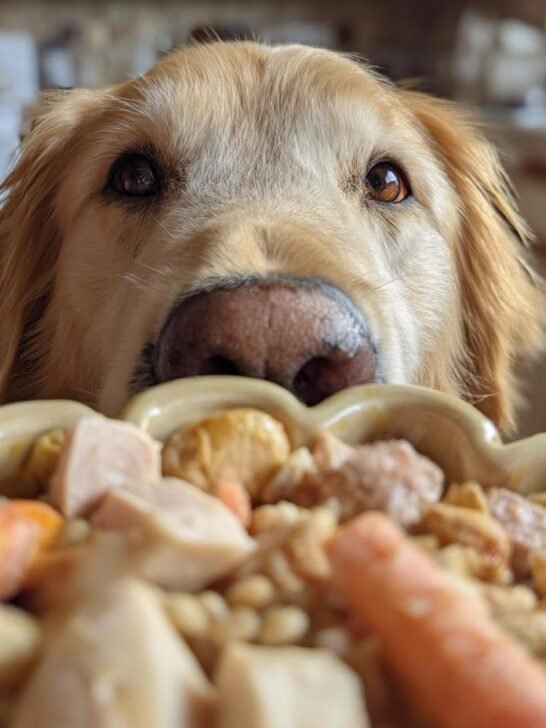 A golden retriever dog looking intently at a bowl of turkey and barley digestive meal.