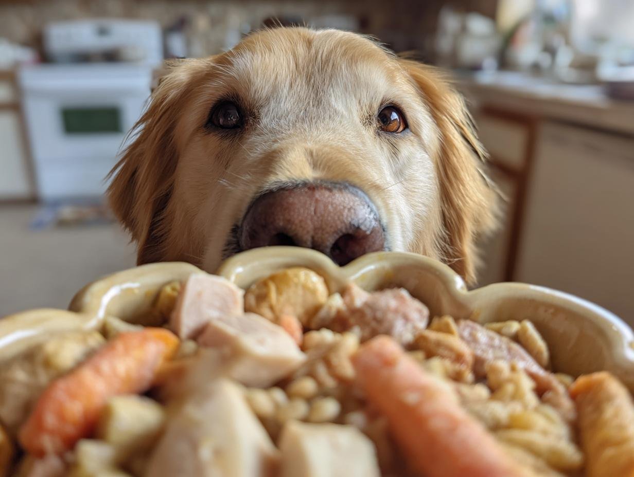 A golden retriever dog looking intently at a bowl of turkey and barley digestive meal.