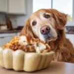A golden retriever dog looking longingly at a bowl of turkey and barley digestive meal.