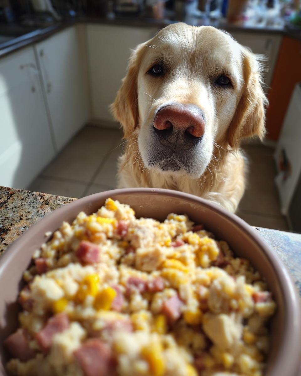 A golden retriever dog looks expectantly at a bowl of turkey and barley digestive meal.