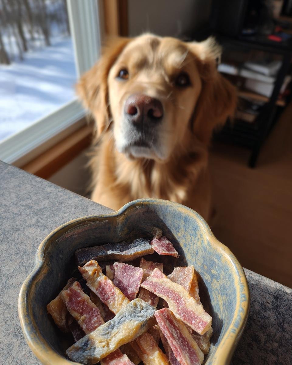 A golden retriever dog looks expectantly at a bowl of Turkey Blueberry Morning Jerky.